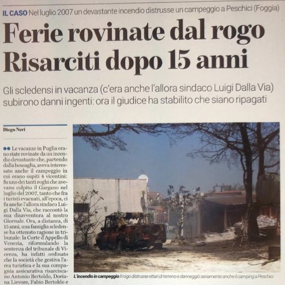 Risarcimento danni per la vacanza rovinata da un incendio nel Gargano